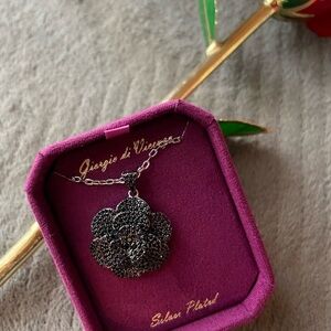 Women’s necklace, black rose necklace,Silver Plated Black Flower Necklace